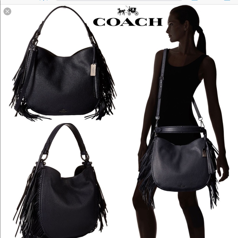 COACH Nomad Fringe Hobo in Pebble Leather Navy Blue